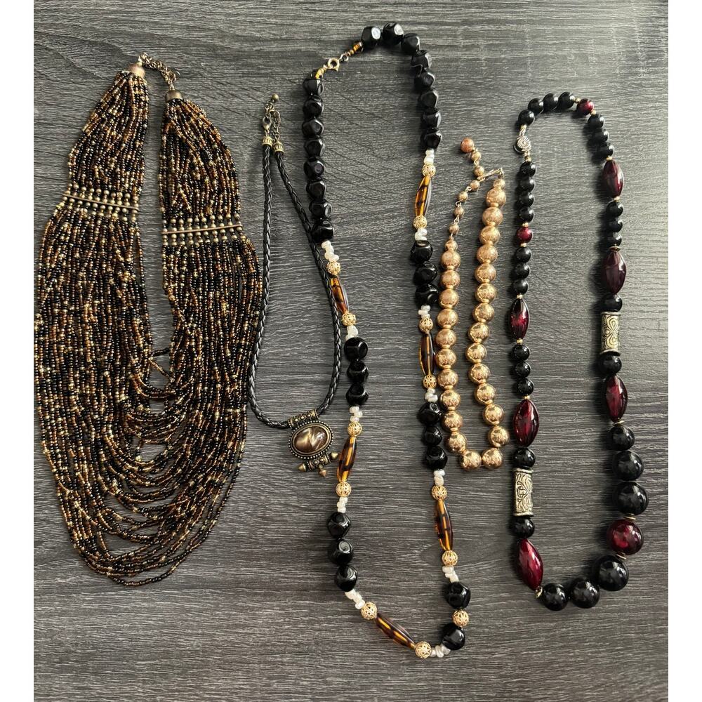 Vintage Lot of 5 Neutral Toned Beaded Statement Necklaces